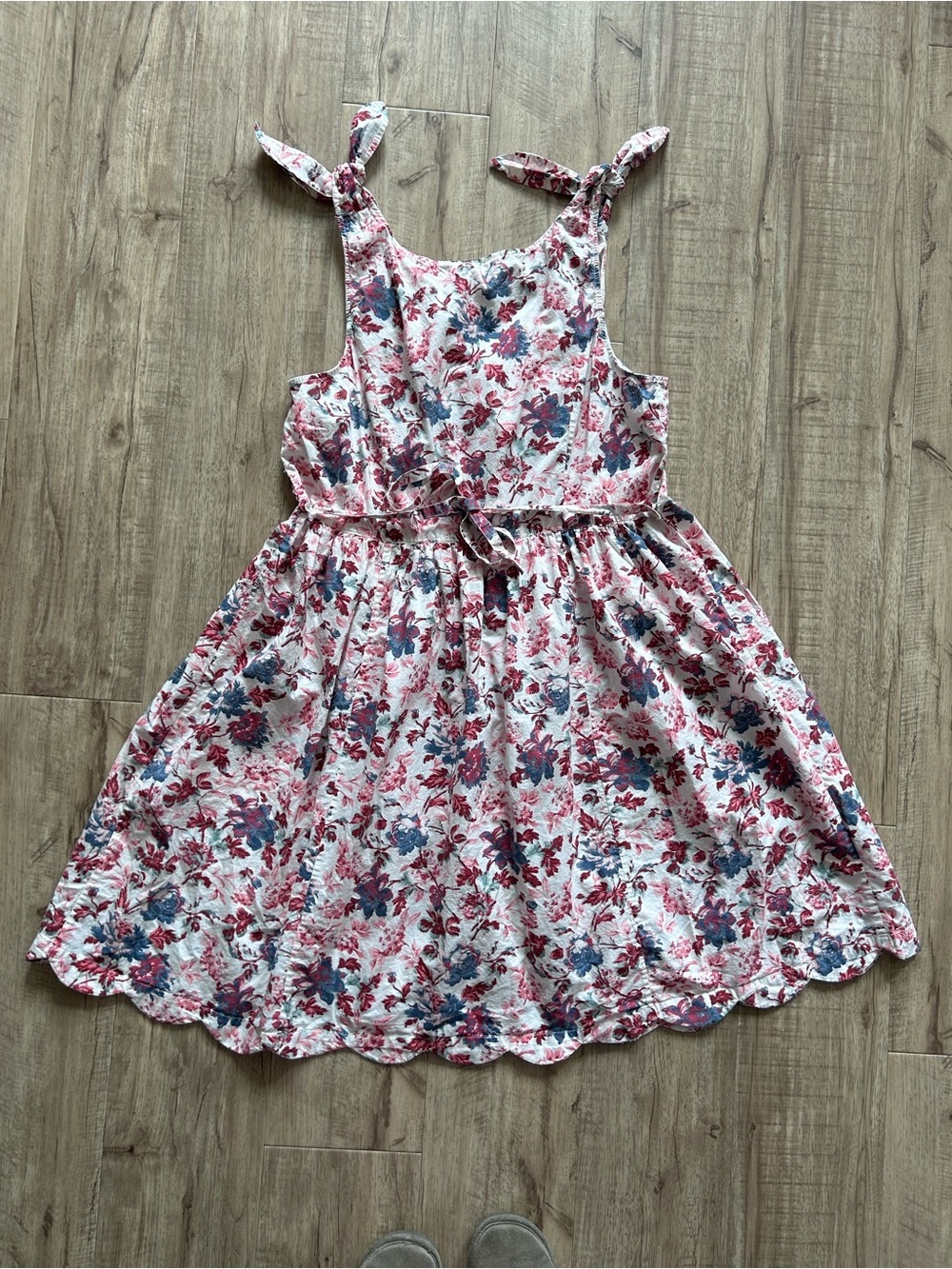 Cotton Floral Tie-Shoulder Sundress flower scalloped hem pockets small shop - Picture 5 of 9